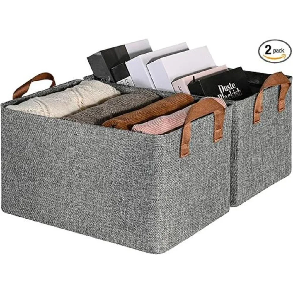 Large Fabric Storage Bins Set of 2 Closet Shelf Organizer with Metal Frame
